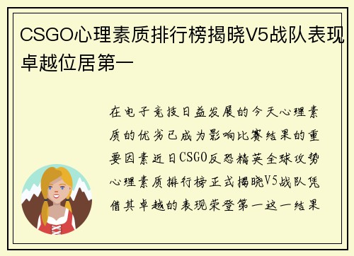 CSGO心理素质排行榜揭晓V5战队表现卓越位居第一